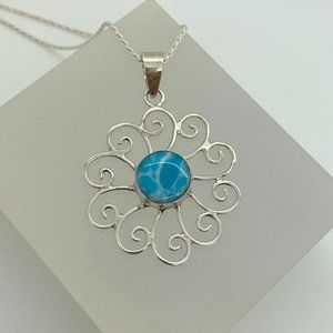 Sterling Silver Genuine Larimar Pendant with Rope